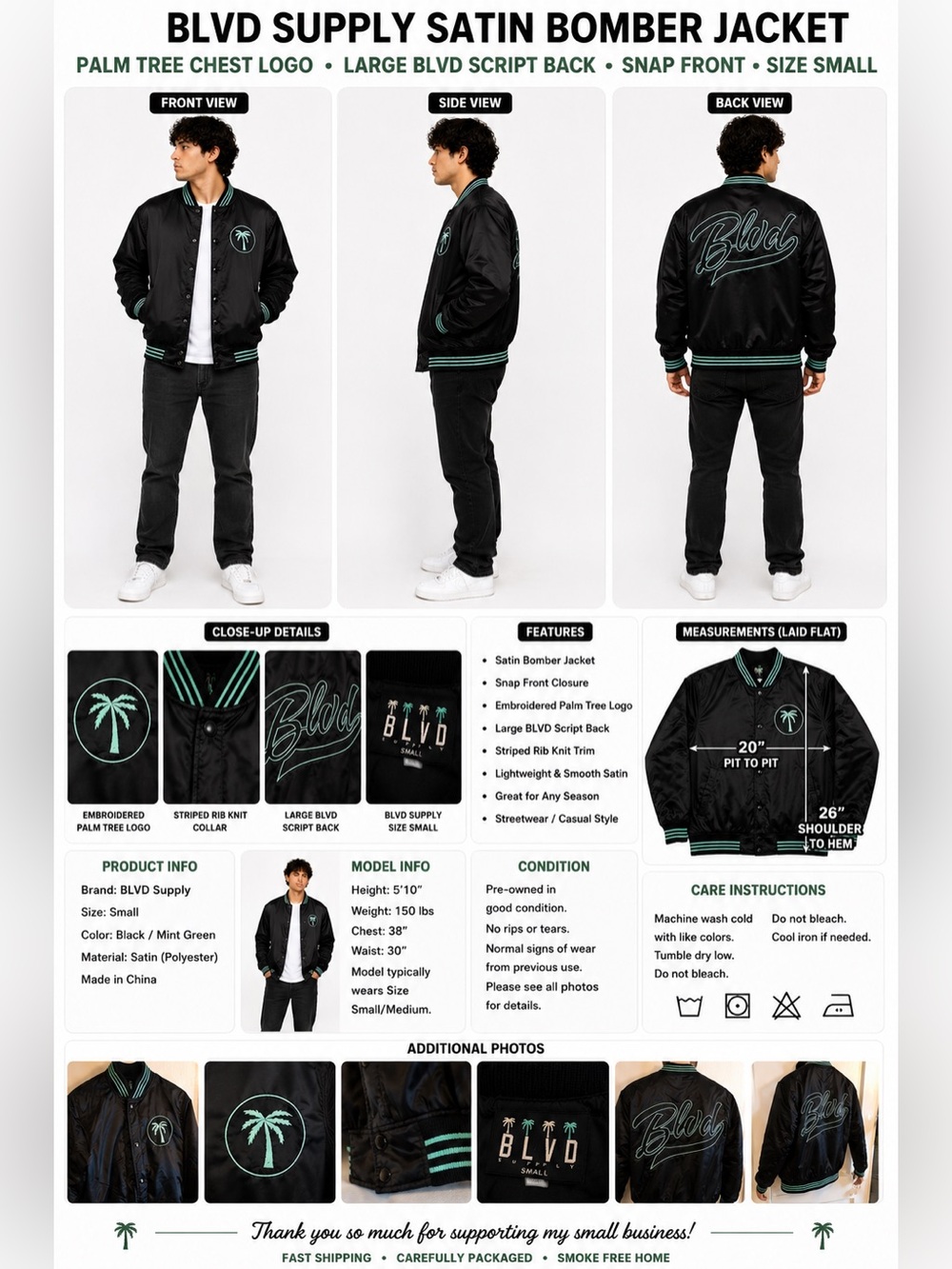 BLVD Supply Satin Bomber Jacket Black Palm Tree Script Logo Snap Front Small
